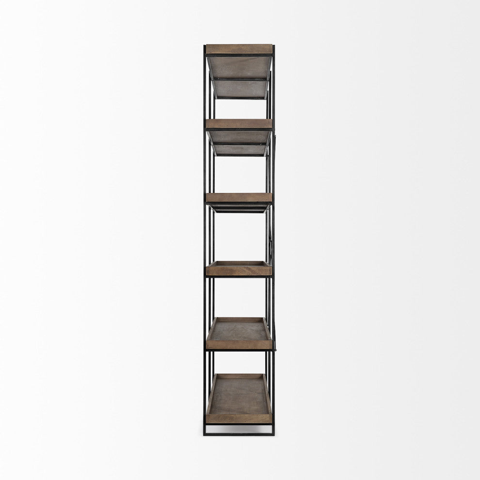 88" Black And Brown Iron and Wood Five Tier Bookcase