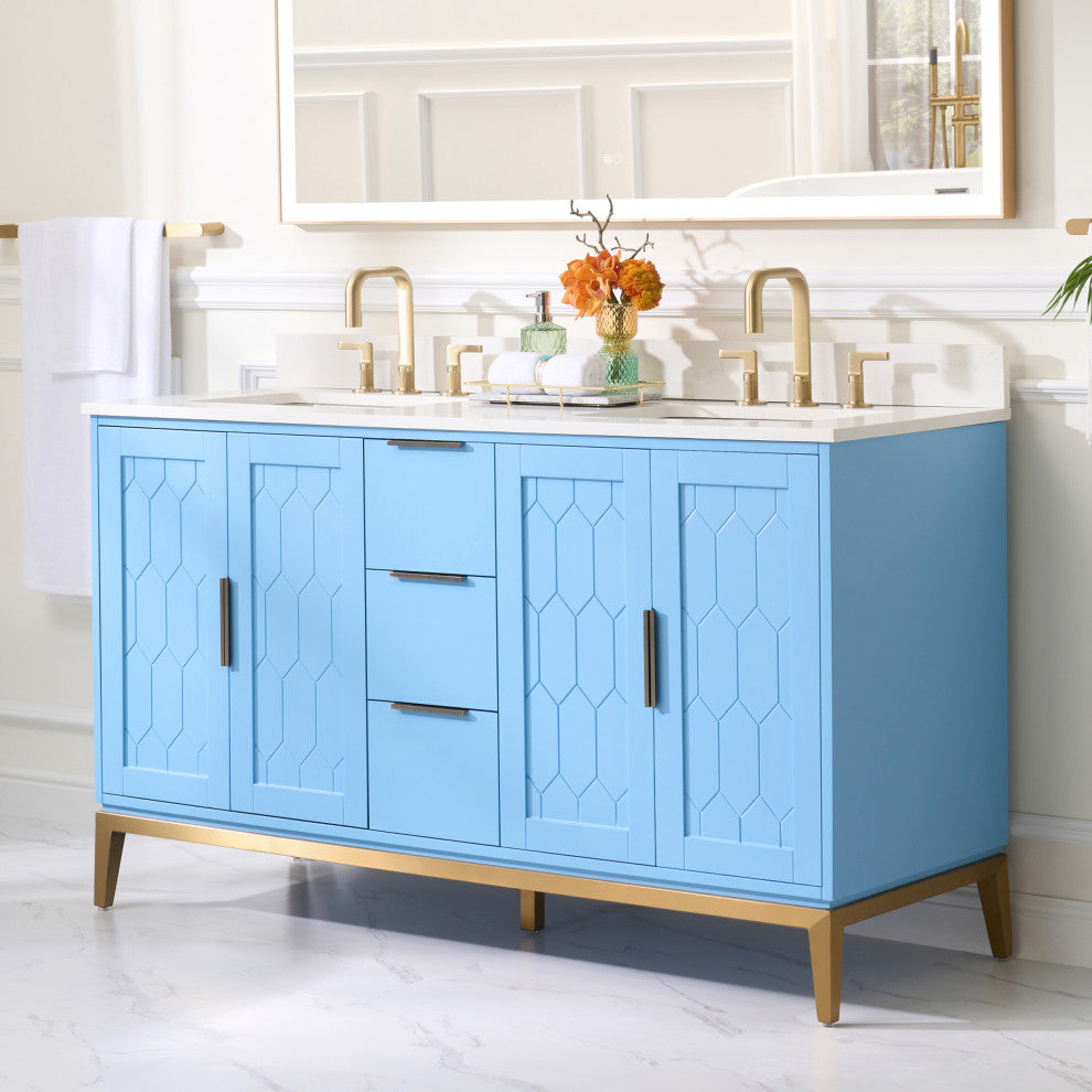 Alison Freestanding Bathroom Vanity with Italian Carrara White Marble Top, Light Blue, 60"