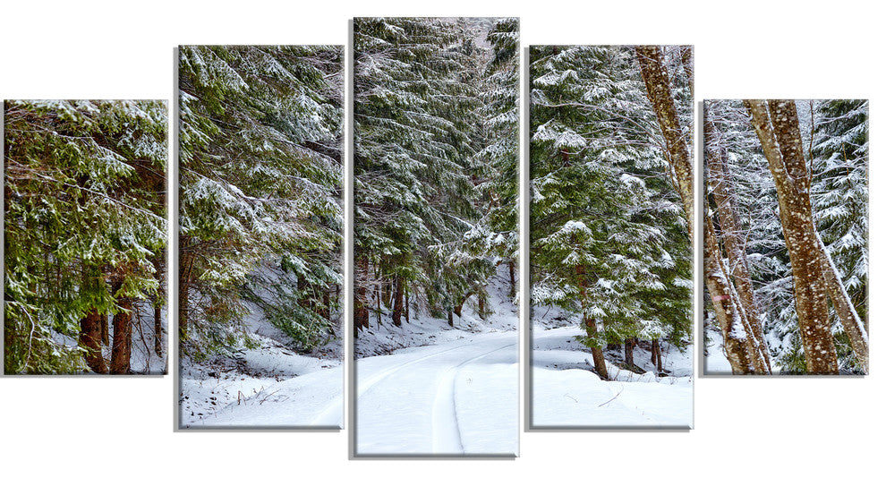 Snowy Road in the Forest, Landscape Canvas Art Print, 60"x32", 5 Panels