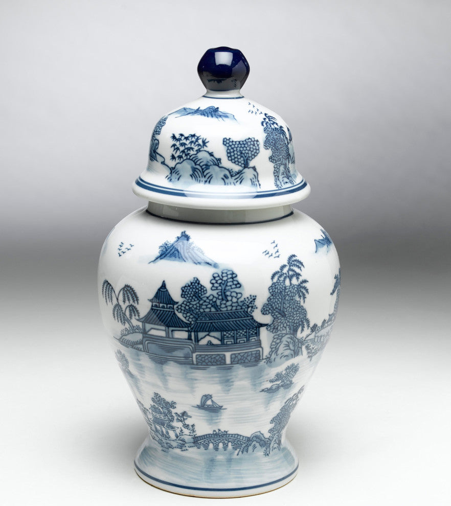 Blue and White Ginger Jar With Lid