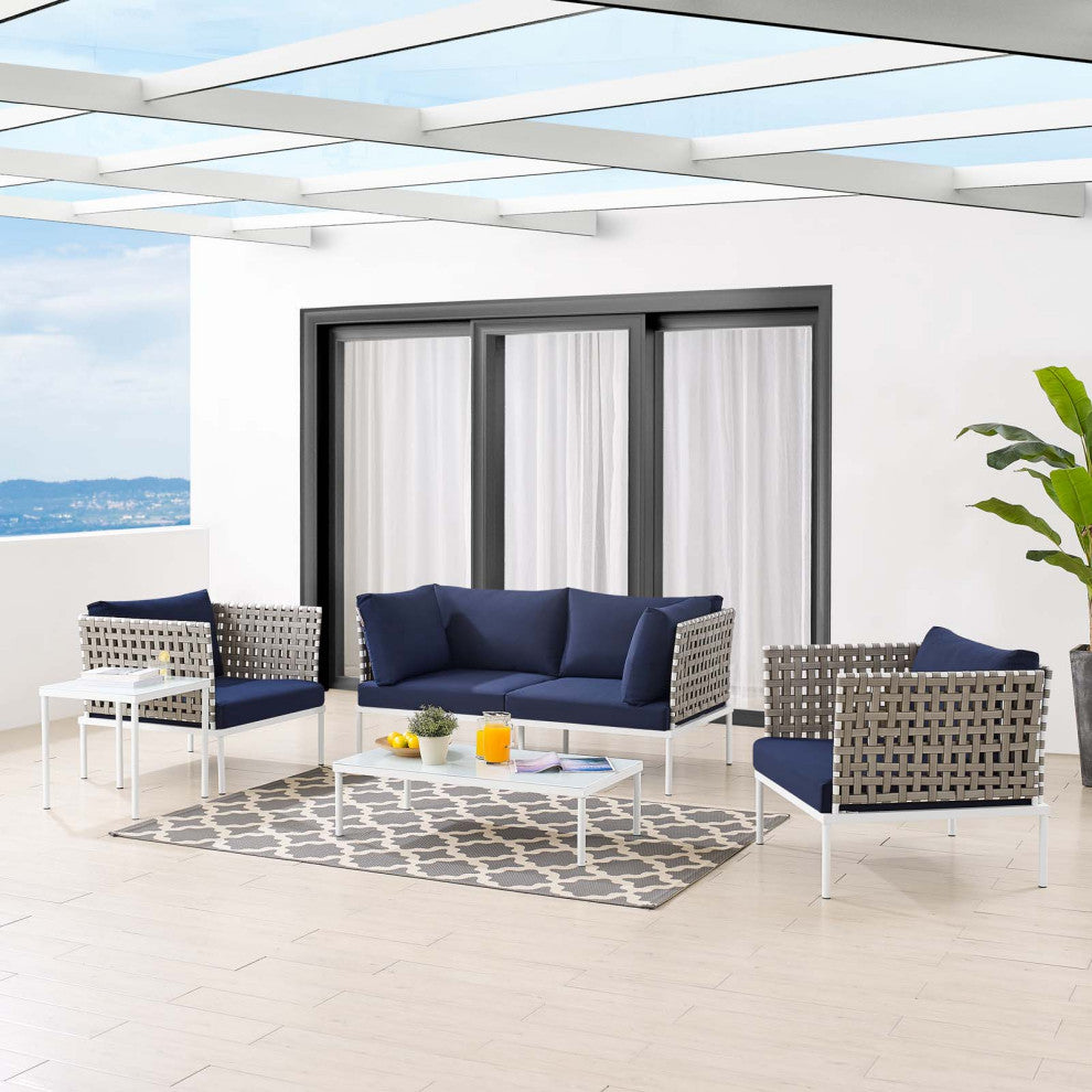Lounge Sectional Sofa Chair Table Set, Sunbrella, Aluminum, Blue Navy, Outdoor