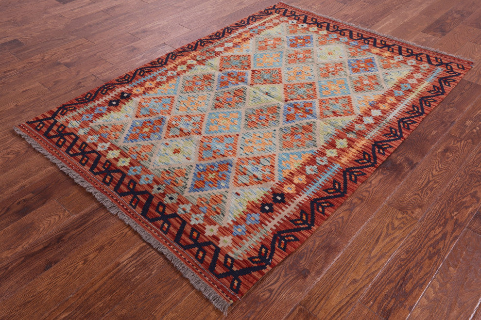4' 3" X 6' 1" Reversible Flat Weave Kilim Wool On Wool Rug Q9486