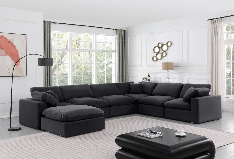 Comfy Upholstered U-Shaped Modular Sectional, Black, 7-Piece: 3 Armless Chair, 3 Corner Chair, 1 Ottoman, Velvet