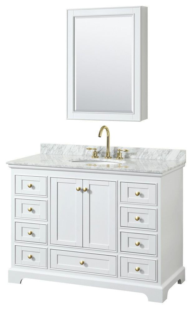 48" Single Bath Vanity White, Carrara Countertop, Sink, Gold Trim, Med. Cabinet