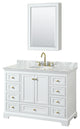 48" Single Bath Vanity White, Carrara Countertop, Sink, Gold Trim, Med. Cabinet