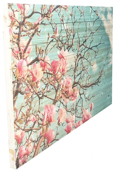 Pink Magnolia Blossoms Wood Plank Wall Art