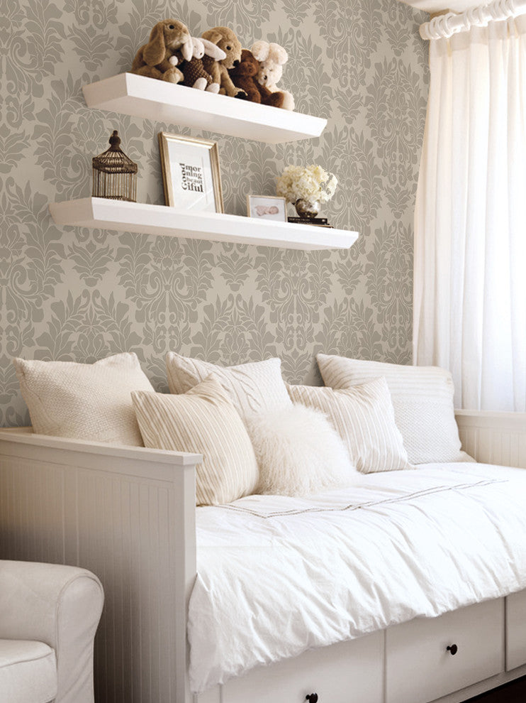 Classic Damask Peel and Stick Vinyl Wallpaper, Warm Gray, 24"w X 108"h