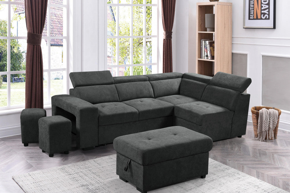 Henrik Dark Gray Sleeper Sectional Sofa With Storage Ottoman and 2 Stools
