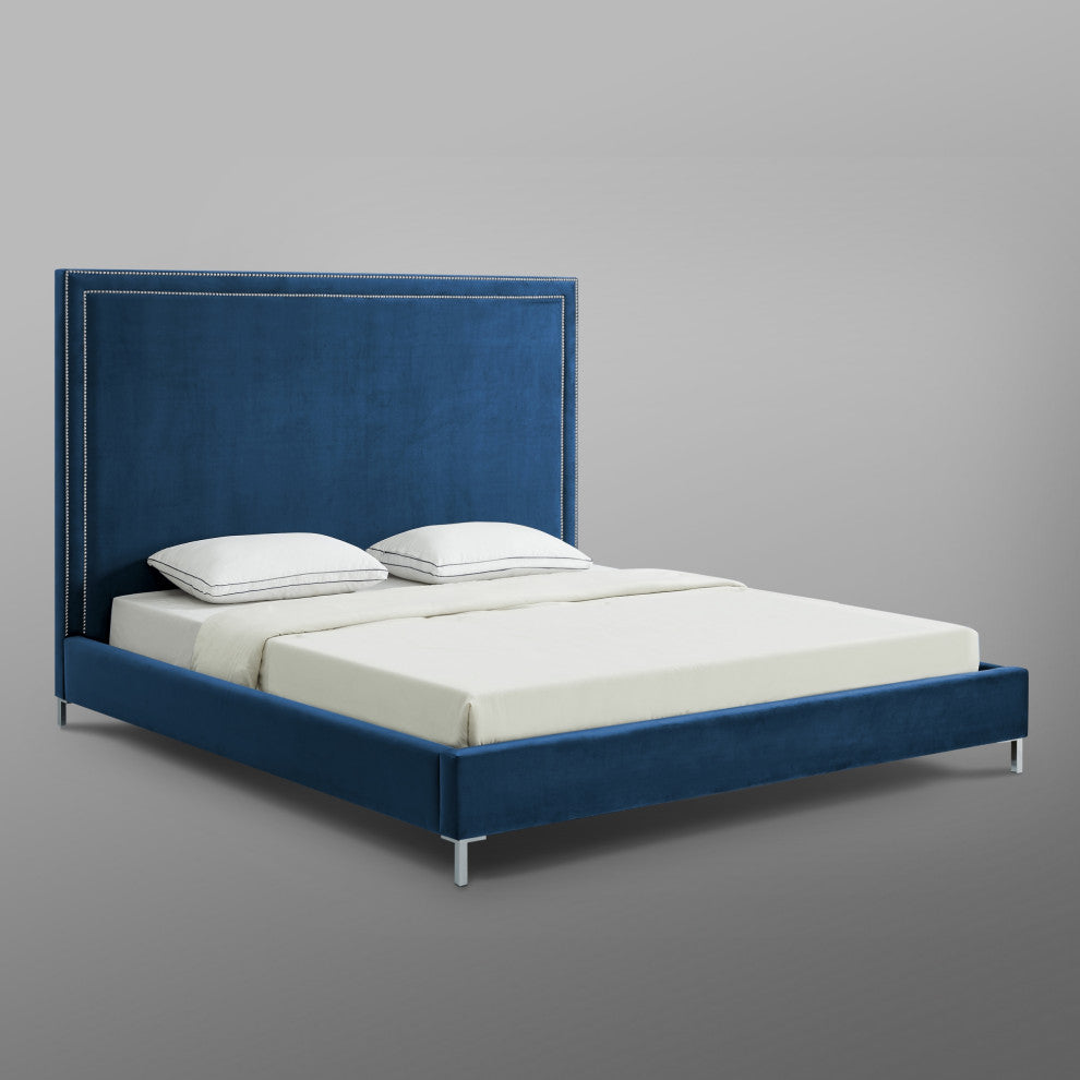 Giovanna Nailhead Trim Platform Bed, Navy Velvet, Queen