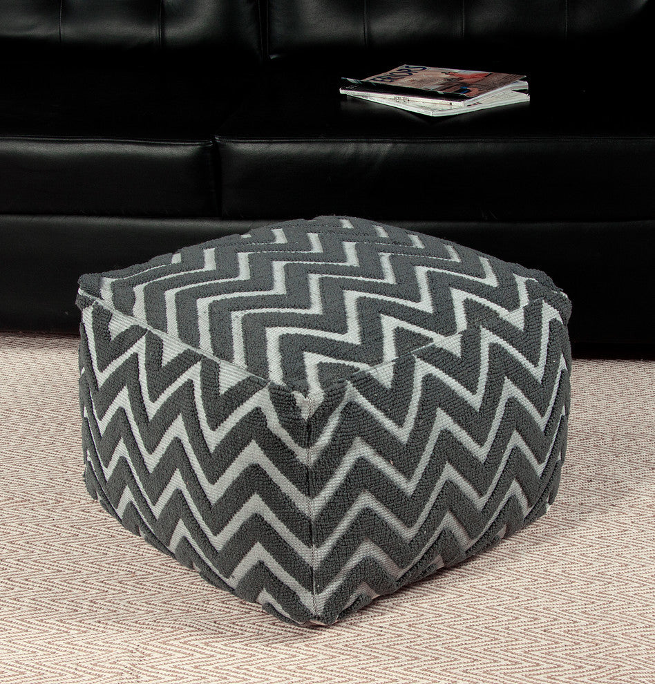 Microfiber Gray and White Jacquard Pouf Ottoman Zig-Zag Pattern