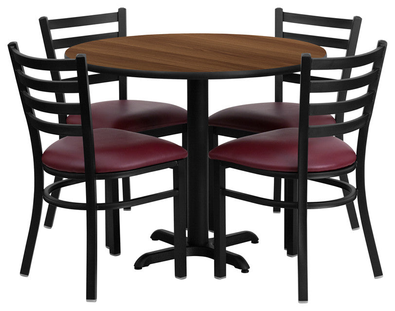 36'' Round Walnut Laminate Table, 4 Ladder Back Metal Chairs-Burgundy Seat