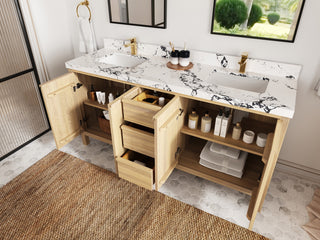 Elizabeth Oak 72" Double Sink Vanity, White 2" Calacatta Gold