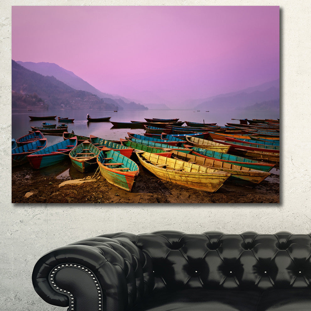 Boats under Twilight Sky in Phewa, Boat Canvas Art Print, 40"x30"