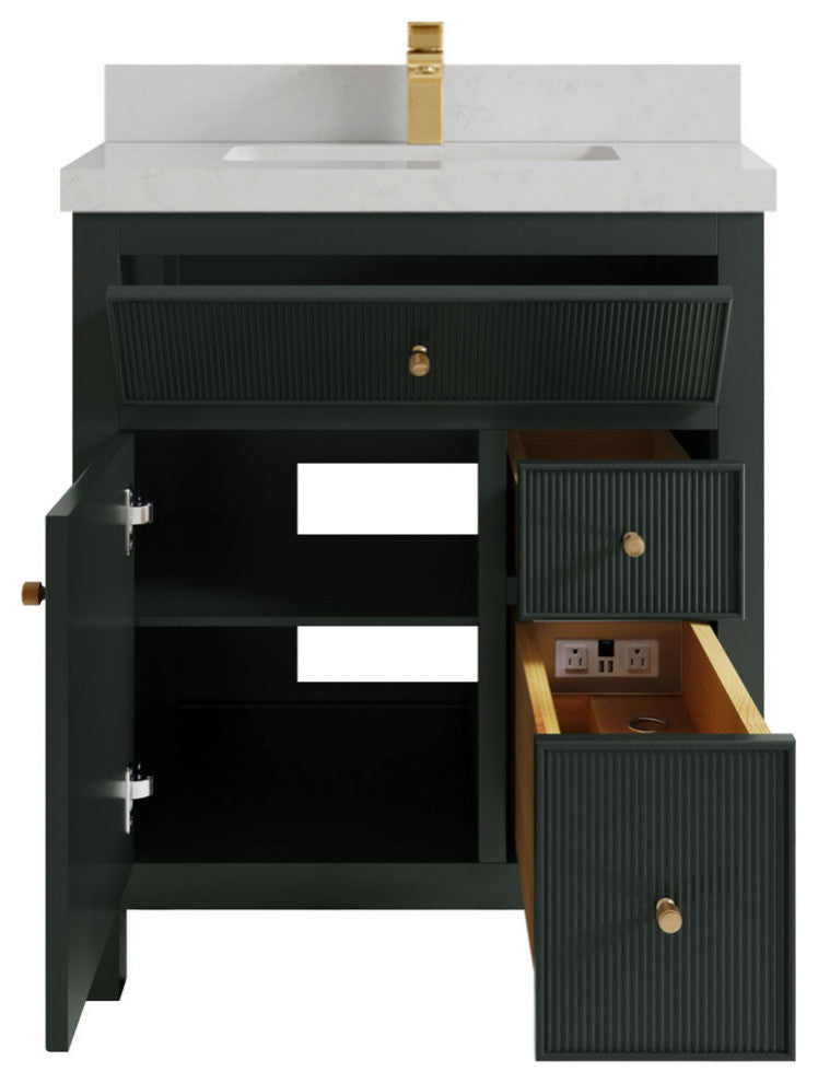 Sonoma 30 Single Sink Reeded Bath Vanity in Dark Forest Green 2" Carrara Quartz