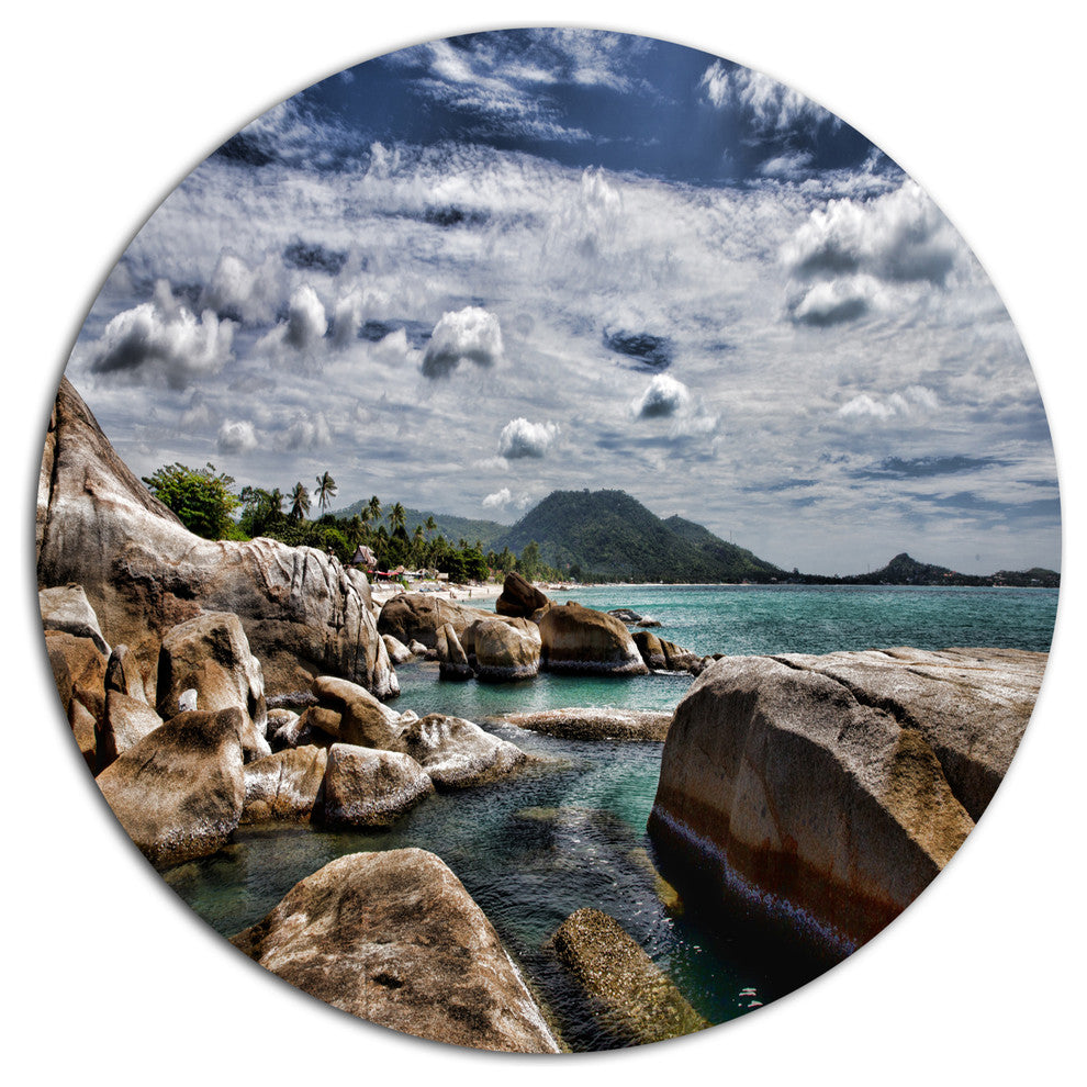 Rocky Beach With Dramatic Sky, Seashore Disc Metal Artwork, 11"