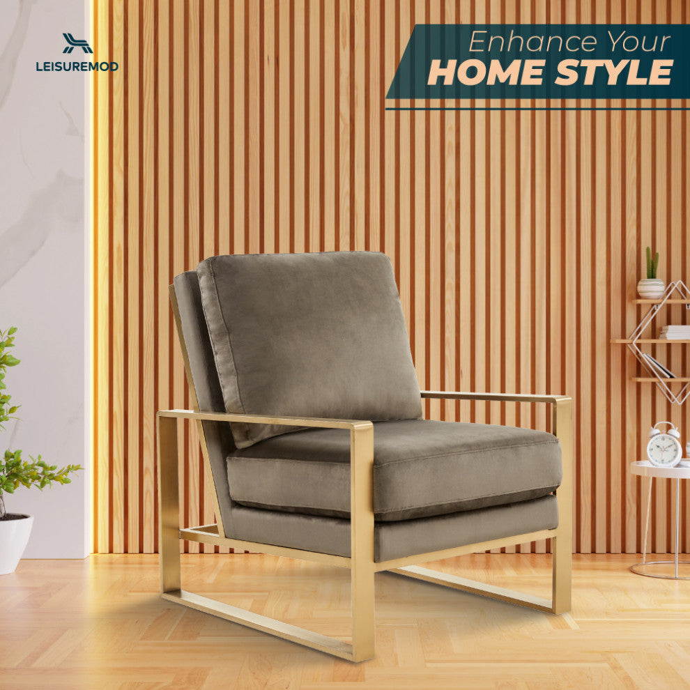 LeisureMod Jefferson Velvet Accent Armchair With Gold Frame, Dark Grey