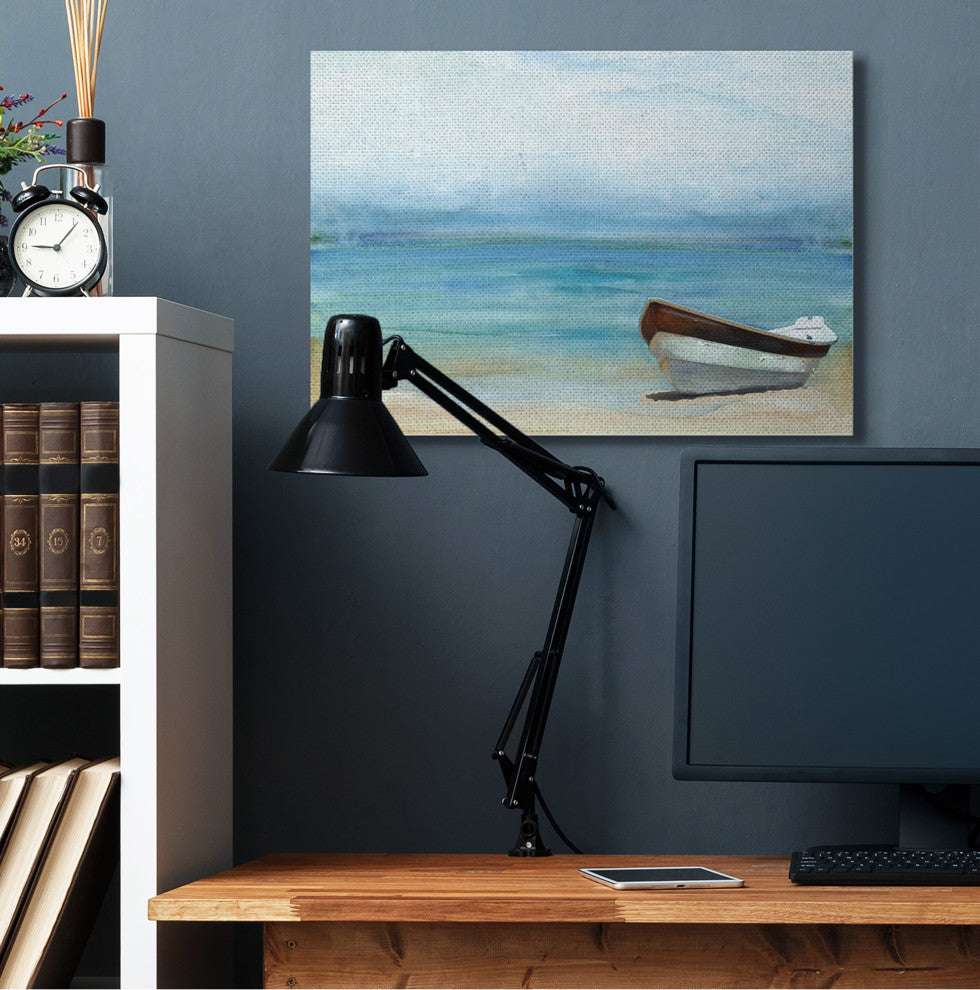 Lake Boat Landscape Blue Green Watercolor Painting, 30"x40", Canvas Art