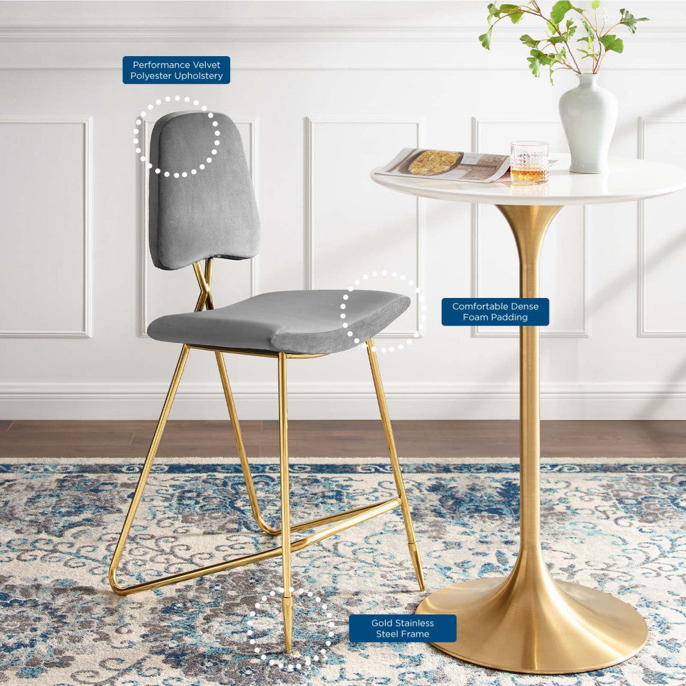 Bar Stool Chair Barstool, Set of 2, Velvet, Metal, Gray, Modern, Bar Pub