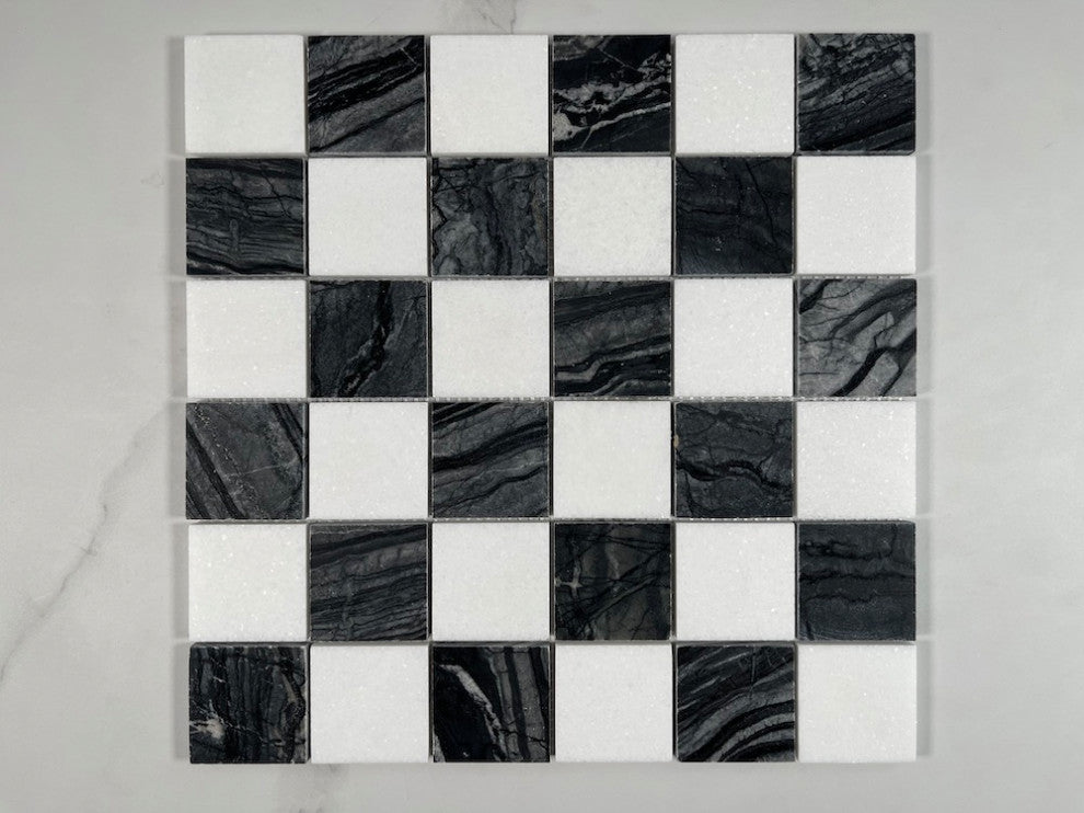Silver Wave Black Forest Thassos White Marble Checkerboard Tile Polish, 1 sheet