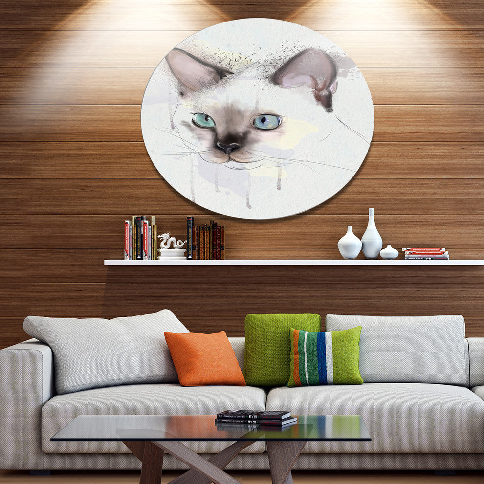 Cute Hand-Drawn Cat Watercolor, Modern Animal Round Wall Art, 23"