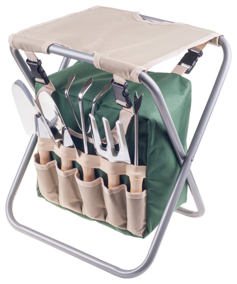 Pure Garden Folding Garden Stool With Tool Bag And 5 Garden Tools