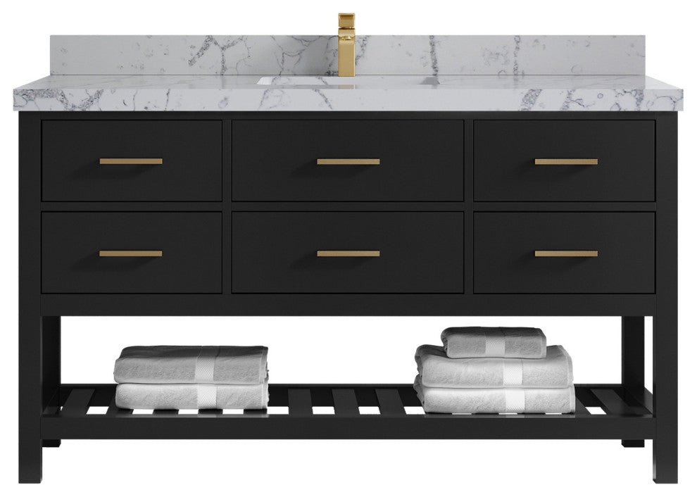 Parker 60" Single Sink Bath Vanity, Black 2" Venatino Quartz