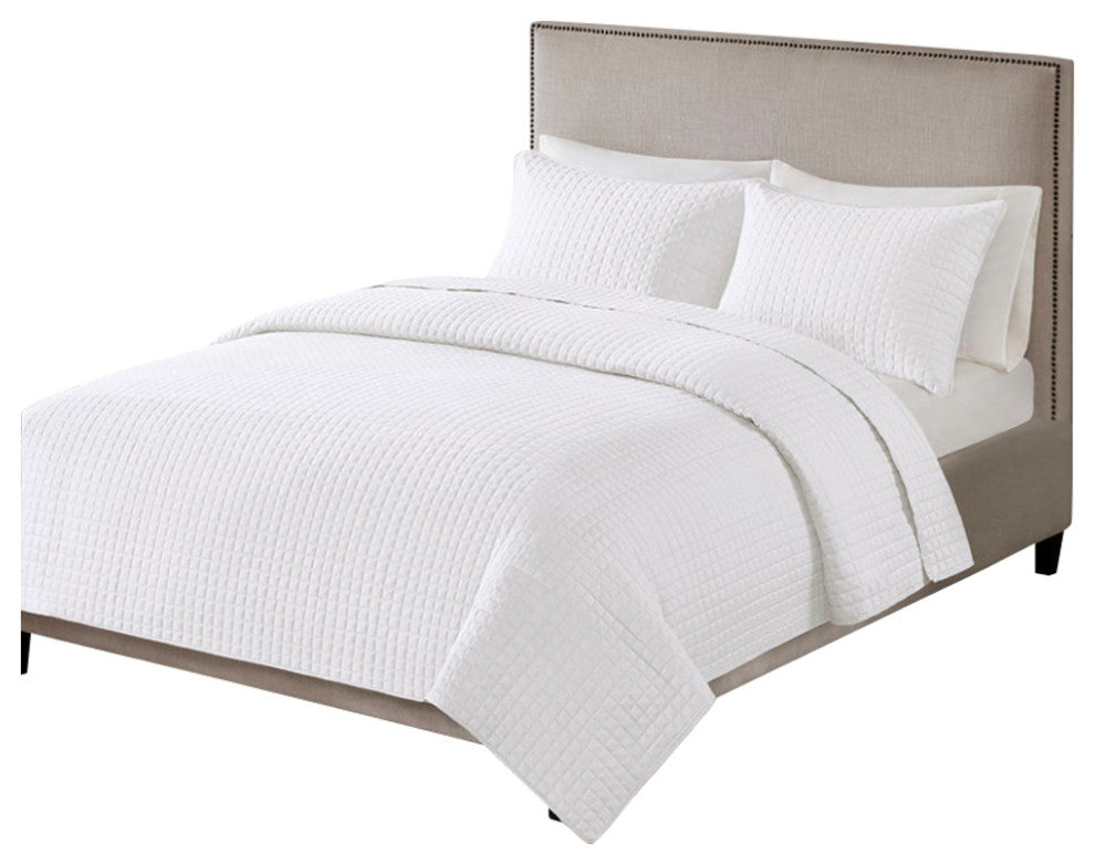510 Design Otto Checkered Quilted 3-Piece Reversible Coverlet Set, White, Full/Q
