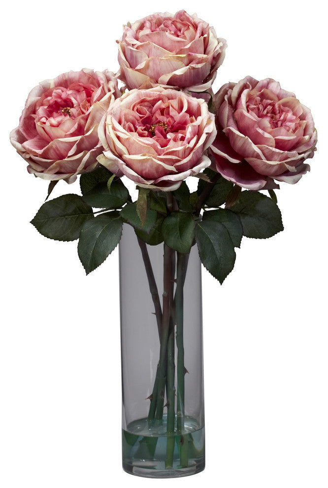 Fancy Rose With Cylinder Vase Silk Flower Arrangement, Pink