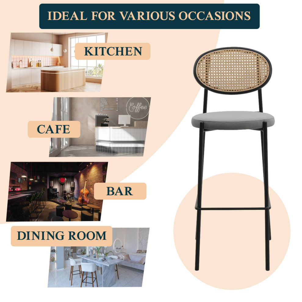 LeisureMod Euston Wicker Bar Stool With Black Steel Frame and Footrest, Gray