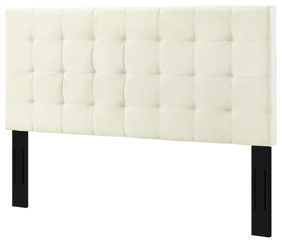 Contemporary Modern Full and Queen Size Tufted Headboard, Velvet, Ivory White