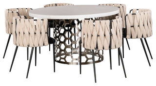 Laguna Silver and White Round 54" Dining Table With 6 Chairs, Black and White