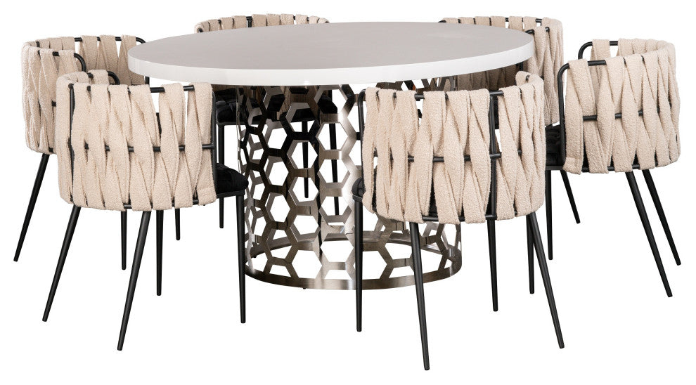 Laguna Silver and White Round 54" Dining Table With 6 Chairs, Black and White