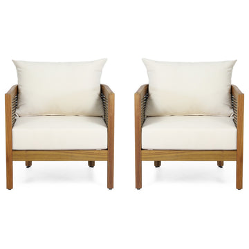Alden Outdoor Acacia Wood Club Chairs With Cushions, Set of 2, Teak + Beige