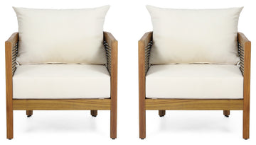 Alden Outdoor Acacia Wood Club Chairs With Cushions, Set of 2, Teak + Beige