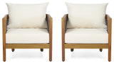 Alden Outdoor Acacia Wood Club Chairs with Cushions, Set of 2, Teak + Beige