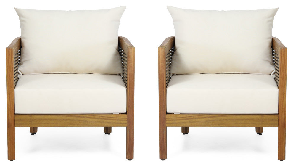 Alden Outdoor Acacia Wood Club Chairs with Cushions, Set of 2, Teak + Beige