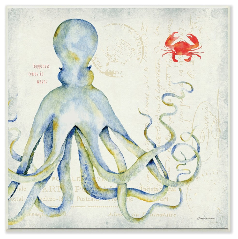 Happiness Comes In Waves Octopus & Crab Wall Plaque Art, 12"x12"