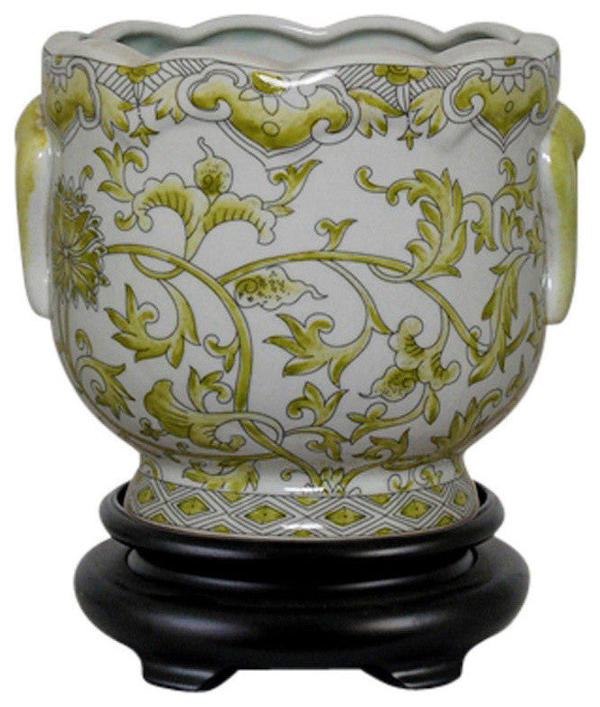 Set of 2 Round Scallop Rim Black and White Lotus Porcelain Pot Base 7"