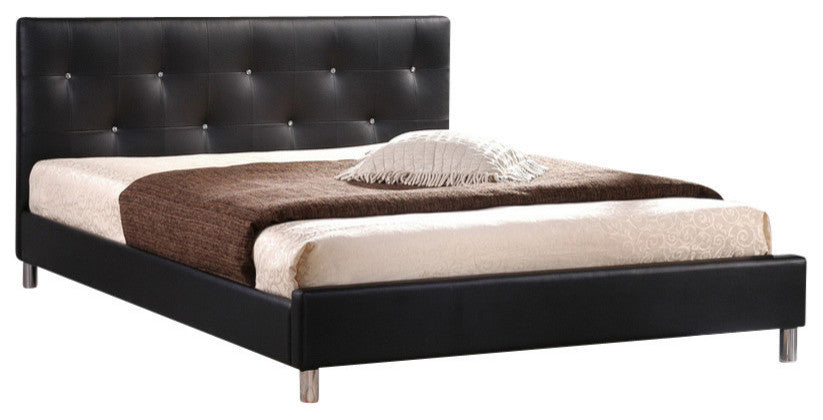 Barbara Black Modern Bed With Crystal Button Tufting, Queen Size