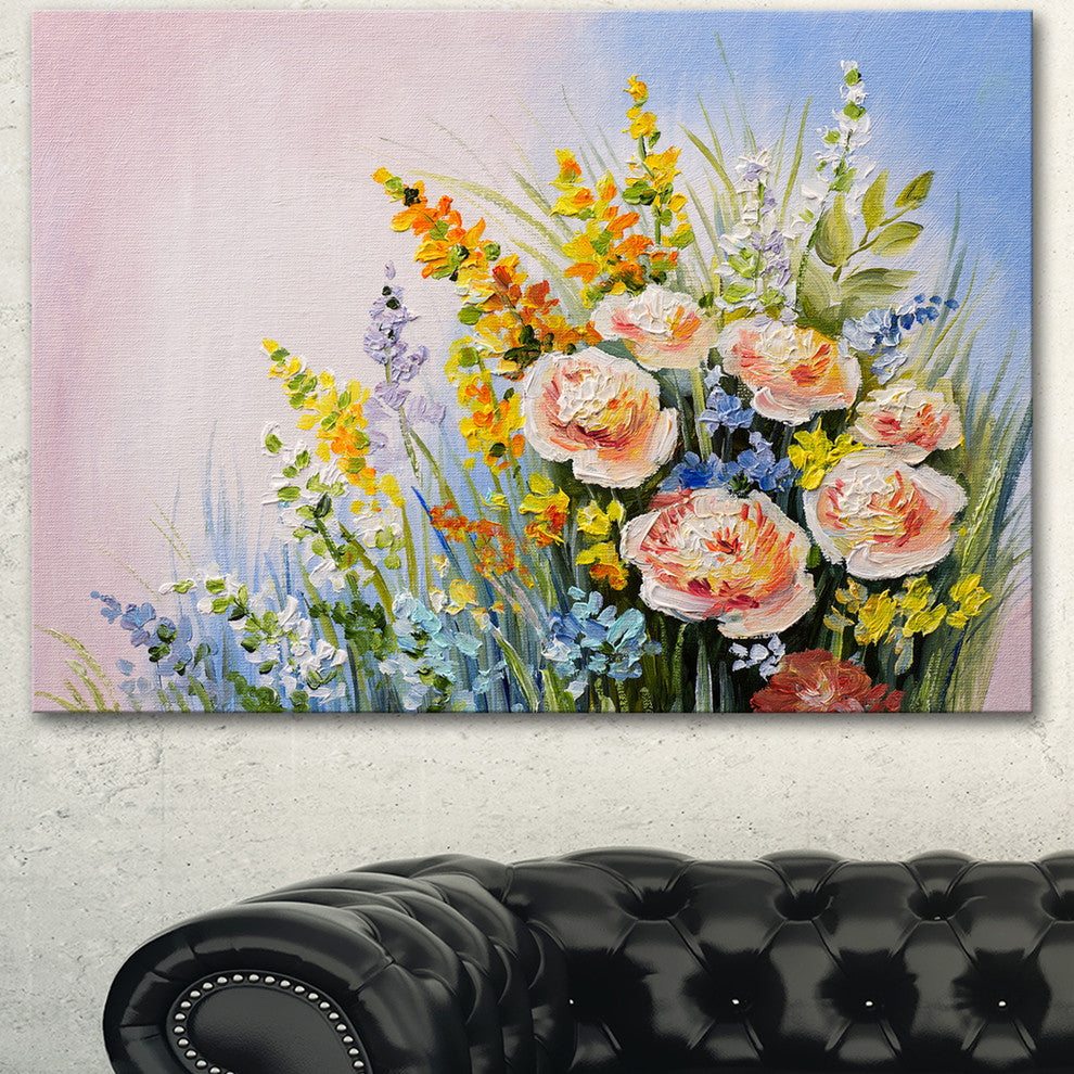 Abstract Bouquet of Summer Flowers, Flower Artwork on Canvas, 40"x30"