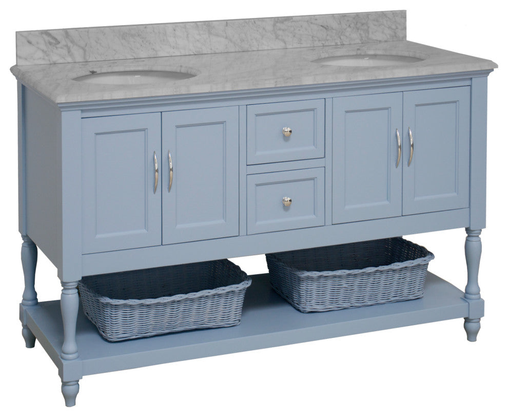 Beverly 60" Bath Vanity, Powder Blue, Carrara Marble, Double Vanity