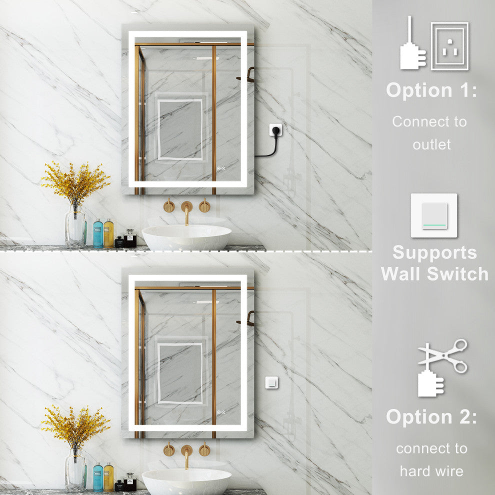Frameless LED Bathroom Vanity Mirror With Defogger Dimmer, 28"x36"
