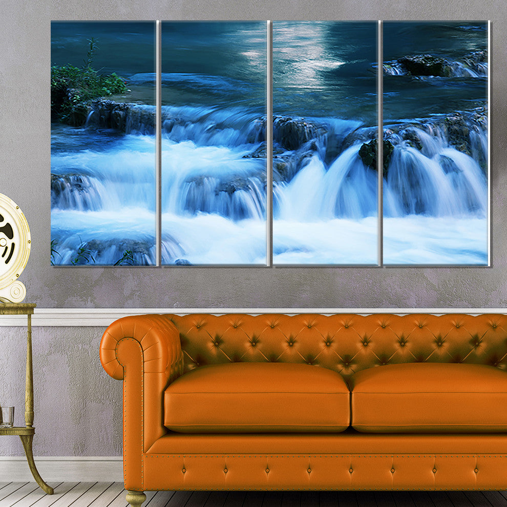 Beautiful Small Blue Waterfalls, Landscape Wall Art on Canvas, 48"x28", 4 Panels