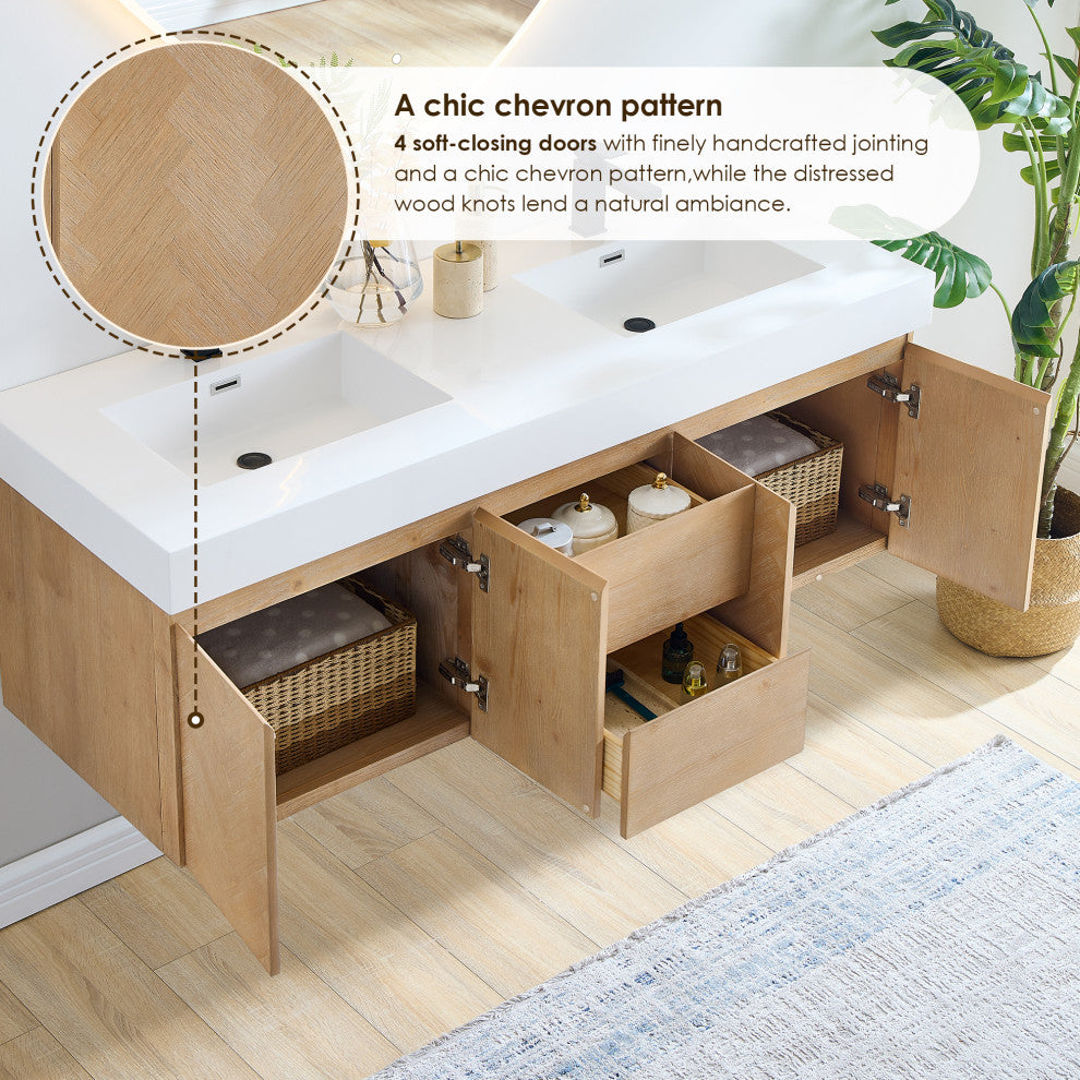 Siena Wall-mounted Single Bath Vanity, Light Brown, 60inch, No Mirror