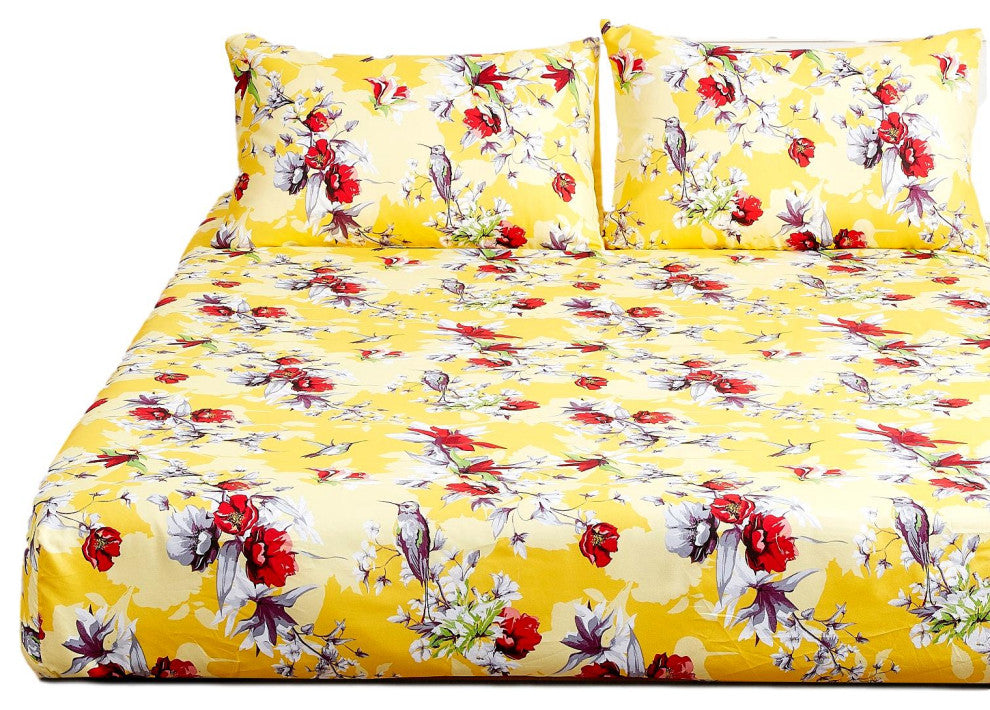 Sunshine Hummingbirds Floral Fitted Bed Sheet Set with Pillow Cases , Queen