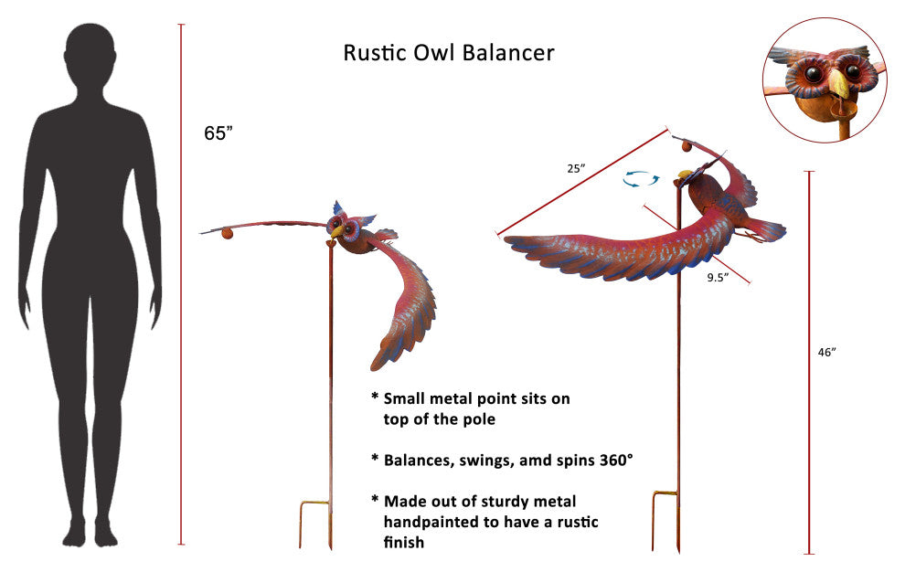 Rustic Metal Balancing Owl Garden Stake Outdoor Patio Yard Art