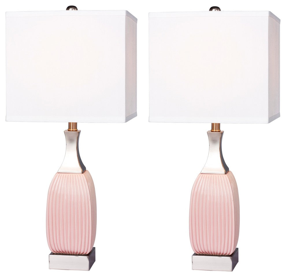 Ribbed Blush Ceramic/Nickel Metal Table, Lamp, 26.5"