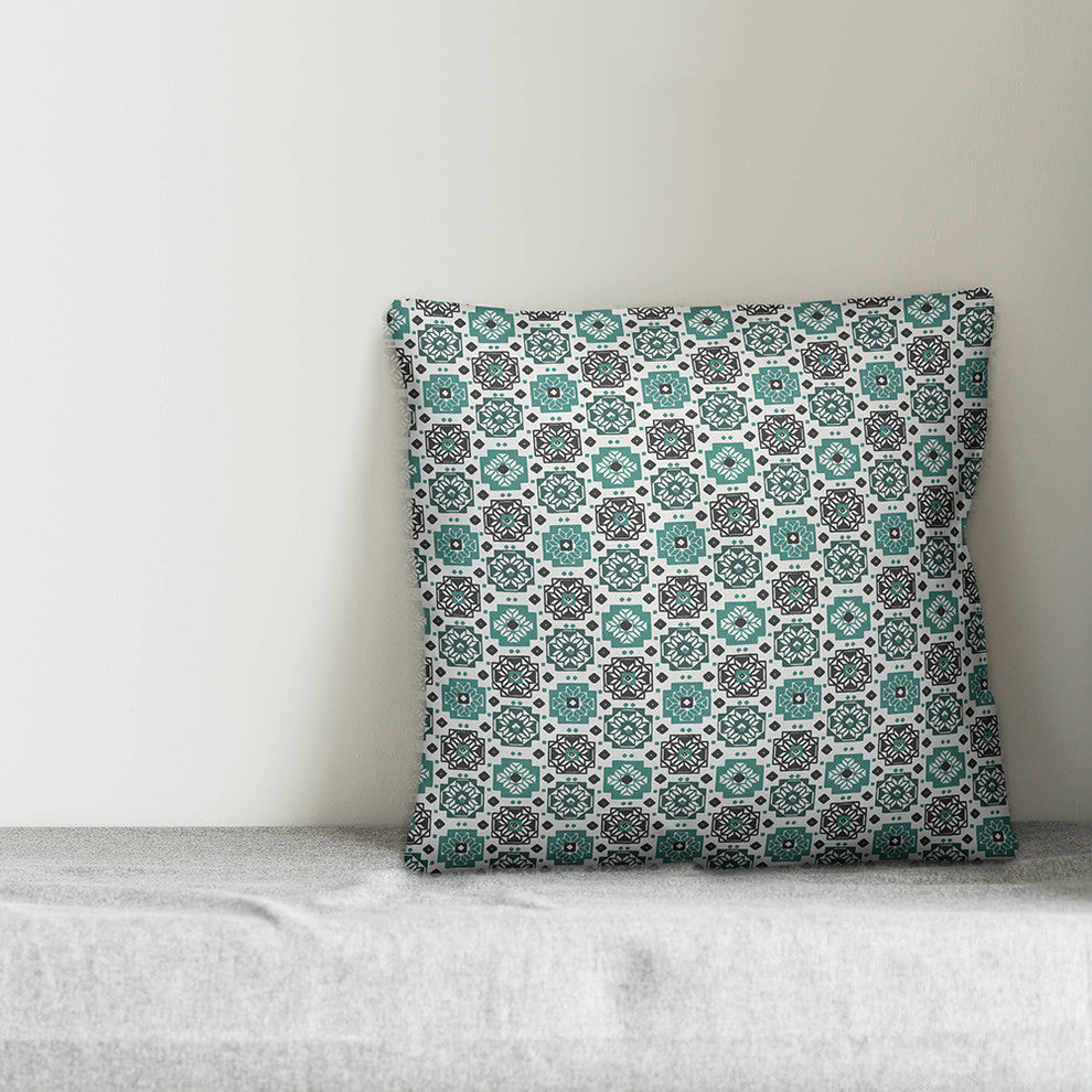Square Flowers, Blue Throw Pillow Cover, 16"x16"