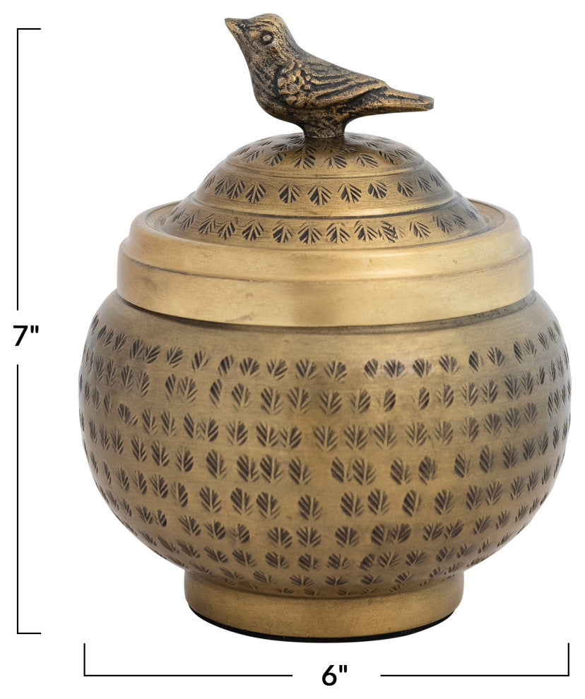 Hammered Aluminum Sphere Container with Lid and Bird, Antique Brass Finish