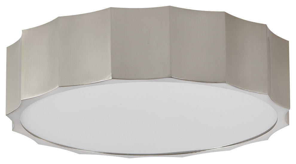 Iron Wave Flushmount Light With White Frosted Acrylic Cover, Shiny Nickel